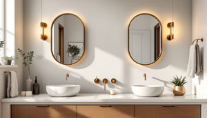 A photograph of a beautifully styled bathroom vanity featuring a variety of elegant light fixtures