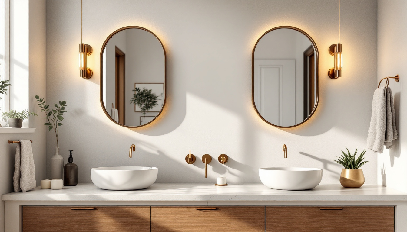 A photograph of a beautifully styled bathroom vanity featuring a variety of elegant light fixtures