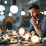 A photograph of a lighting contractor thoughtfully examining a variety of light bulbs in a well-lit workshop