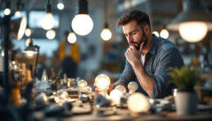 A photograph of a lighting contractor thoughtfully examining a variety of light bulbs in a well-lit workshop