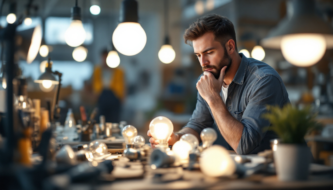 A photograph of a lighting contractor thoughtfully examining a variety of light bulbs in a well-lit workshop