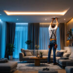A photograph of a modern lighting contractor installing recessed lights in a stylish
