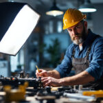 A photograph of a lighting contractor skillfully working on a project