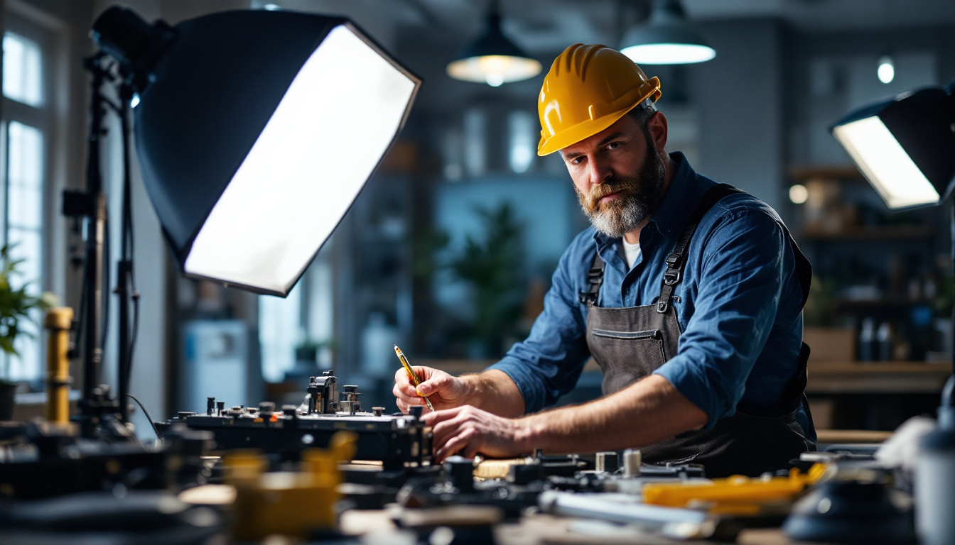 A photograph of a lighting contractor skillfully working on a project