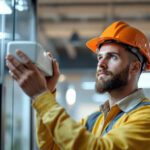 A photograph of a lighting contractor installing or inspecting a modern lighting ballast in a commercial or residential setting