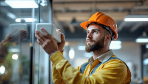 A photograph of a lighting contractor installing or inspecting a modern lighting ballast in a commercial or residential setting