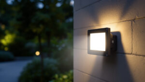 A photograph of a well-lit outdoor area featuring a flood light with a motion sensor in action