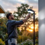 A photograph of a lighting contractor installing a sleek
