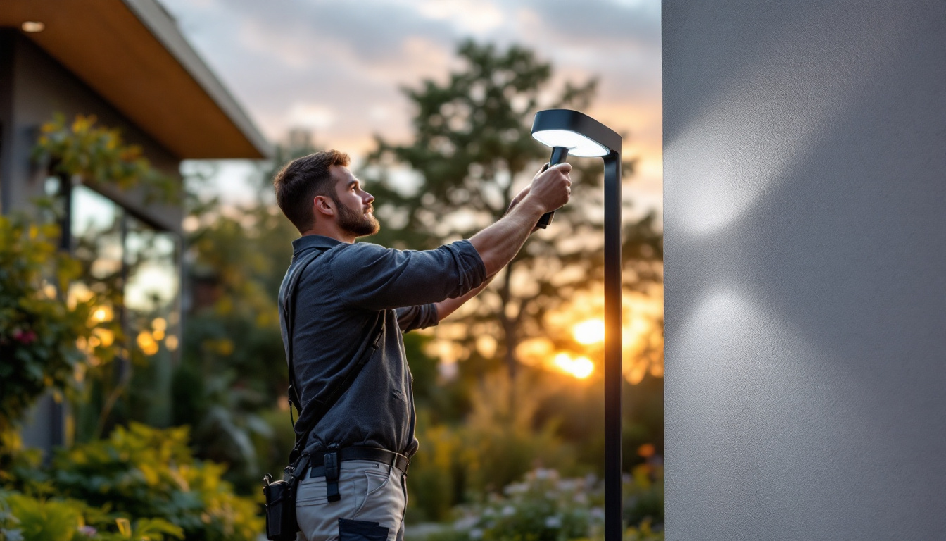 A photograph of a lighting contractor installing a sleek