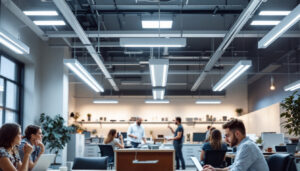 A photograph of a well-lit commercial space showcasing 8-foot led fixtures in action