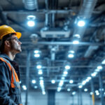 A photograph of a lighting contractor examining a highbay led light installation in a large industrial space