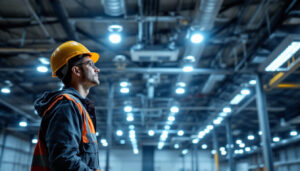 A photograph of a lighting contractor examining a highbay led light installation in a large industrial space
