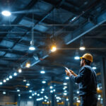 A photograph of a well-lit industrial space showcasing high bay led light fixtures in action