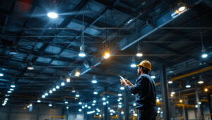 A photograph of a well-lit industrial space showcasing high bay led light fixtures in action
