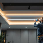 A photograph of a well-lit interior space featuring ceiling led strip lights