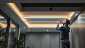 A photograph of a well-lit interior space featuring ceiling led strip lights