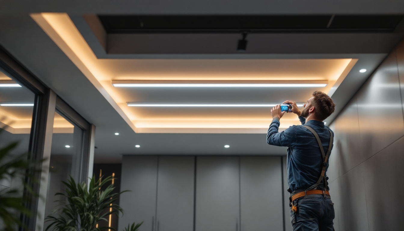 A photograph of a well-lit interior space featuring ceiling led strip lights