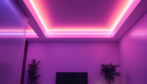 A photograph of a beautifully lit room featuring sleek led strip lights installed along the ceiling