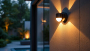 A photograph of a solar wall lamp elegantly illuminating a modern outdoor space