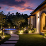 A photograph of capture a photograph of a beautifully illuminated outdoor space at dusk