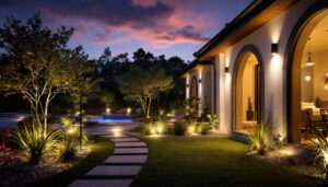 A photograph of capture a photograph of a beautifully illuminated outdoor space at dusk