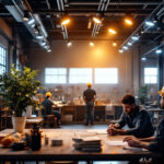 A photograph of a well-lit industrial workspace featuring sleek track lighting installations