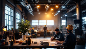 A photograph of a well-lit industrial workspace featuring sleek track lighting installations