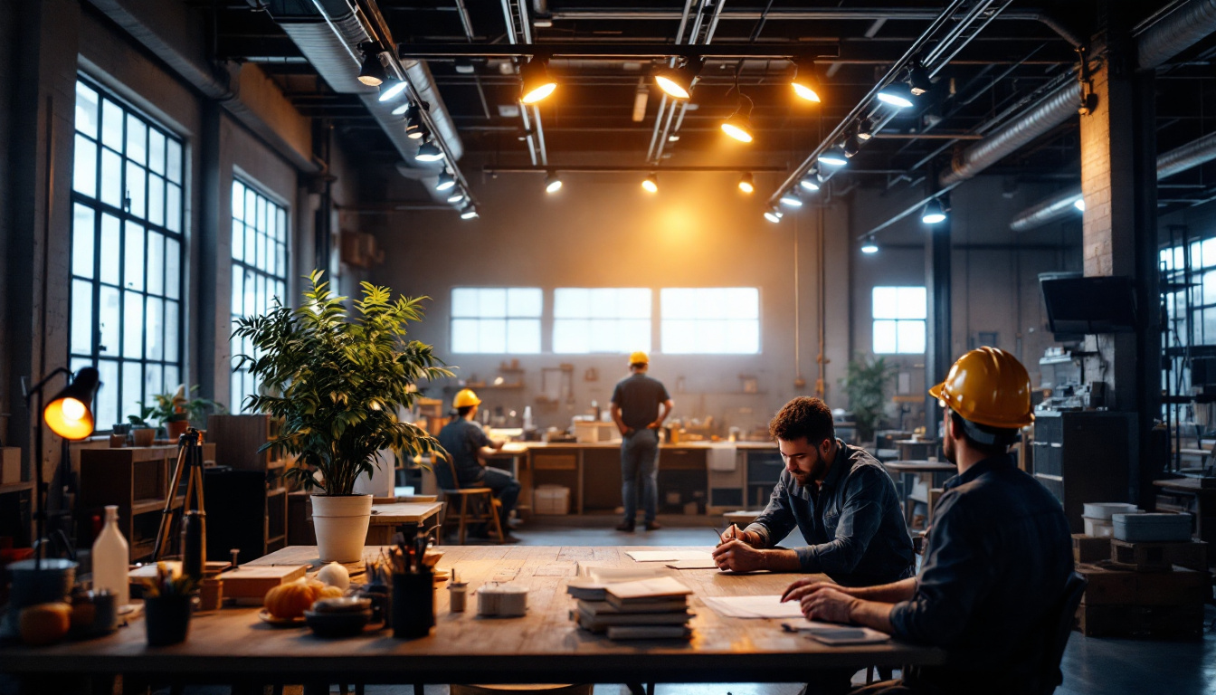 A photograph of a well-lit industrial workspace featuring sleek track lighting installations
