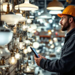 A photograph of a lighting contractor inspecting a variety of high-quality lighting fixtures in a well-organized wholesale showroom