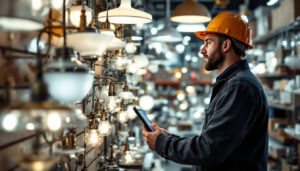 A photograph of a lighting contractor inspecting a variety of high-quality lighting fixtures in a well-organized wholesale showroom