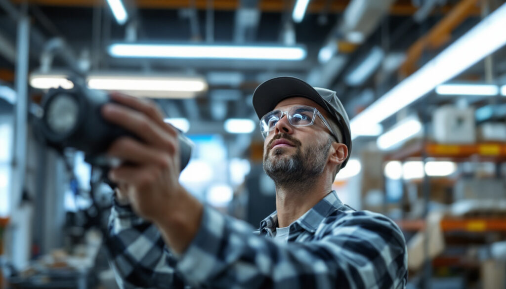A photograph of a skilled lighting contractor installing or adjusting led lights with a focus on the ballast components