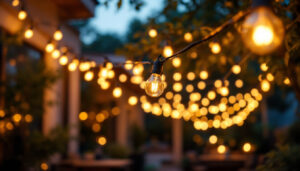 A photograph of a beautifully lit outdoor space adorned with commercial string lights