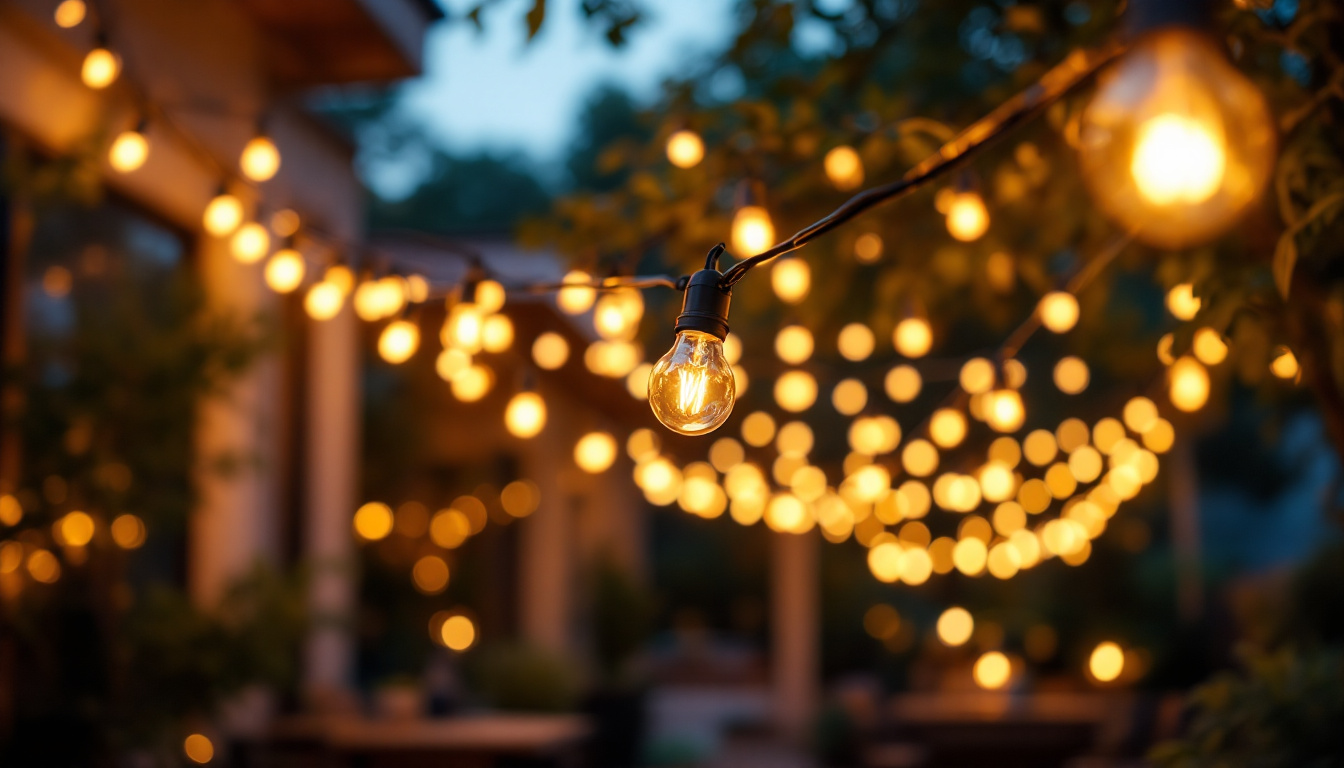 A photograph of a beautifully lit outdoor space adorned with commercial string lights