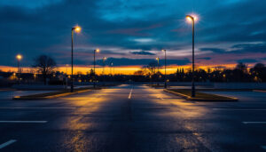 A photograph of a well-lit parking lot at dusk