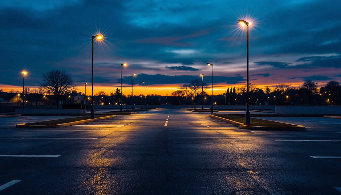 A photograph of a well-lit parking lot at dusk