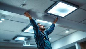A photograph of a well-designed drop ceiling featuring sleek led light fixtures
