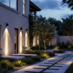 A photograph of a beautifully illuminated outdoor space featuring sleek cylinder downlights