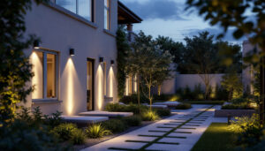 A photograph of a beautifully illuminated outdoor space featuring sleek cylinder downlights