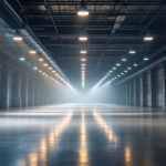A photograph of a well-lit industrial space showcasing high bay lights in action