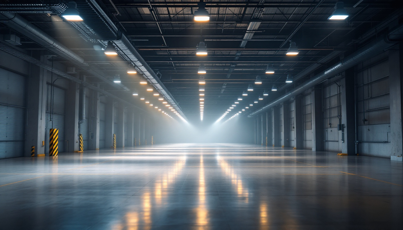 A photograph of a well-lit industrial space showcasing high bay lights in action