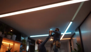A photograph of a well-lit interior space showcasing ceiling led light strips in action