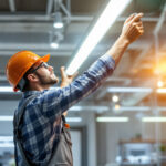 A photograph of a lighting contractor installing 8 ft led lights in a commercial space