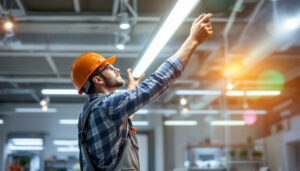 A photograph of a lighting contractor installing 8 ft led lights in a commercial space