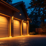 A photograph of a well-lit outdoor garage at dusk