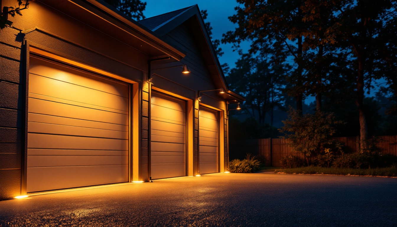 A photograph of a well-lit outdoor garage at dusk