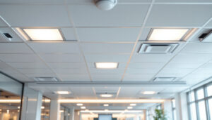 A photograph of a well-lit drop ceiling installation in an office space