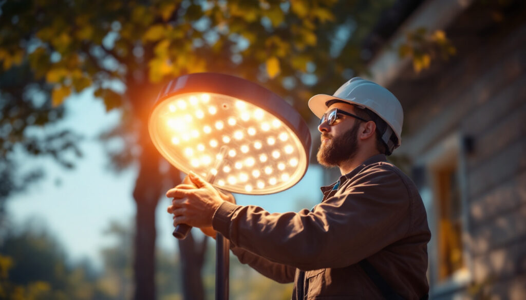A photograph of capture a photograph of a lighting contractor installing or showcasing a large solar light in an outdoor setting