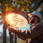 A photograph of capture a photograph of a lighting contractor installing or showcasing a large solar light in an outdoor setting