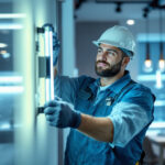 A photograph of a skilled lighting contractor installing or showcasing an 8-foot led strip light in a modern interior setting