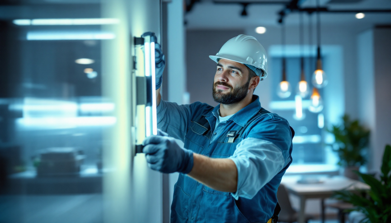 A photograph of a skilled lighting contractor installing or showcasing an 8-foot led strip light in a modern interior setting